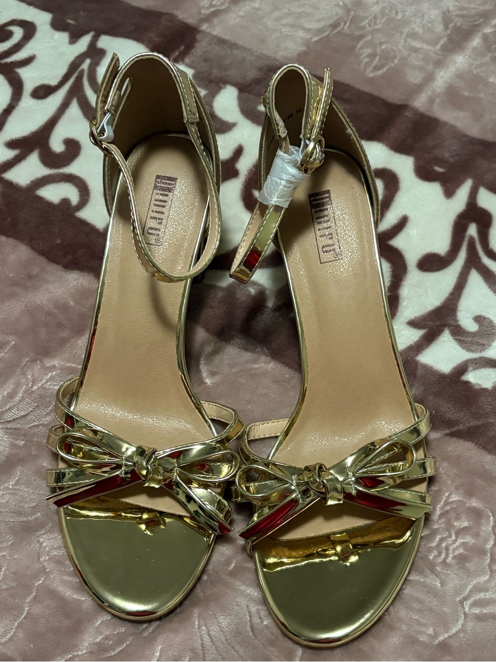Gold Strappy Bow Heeled Sandals - Women